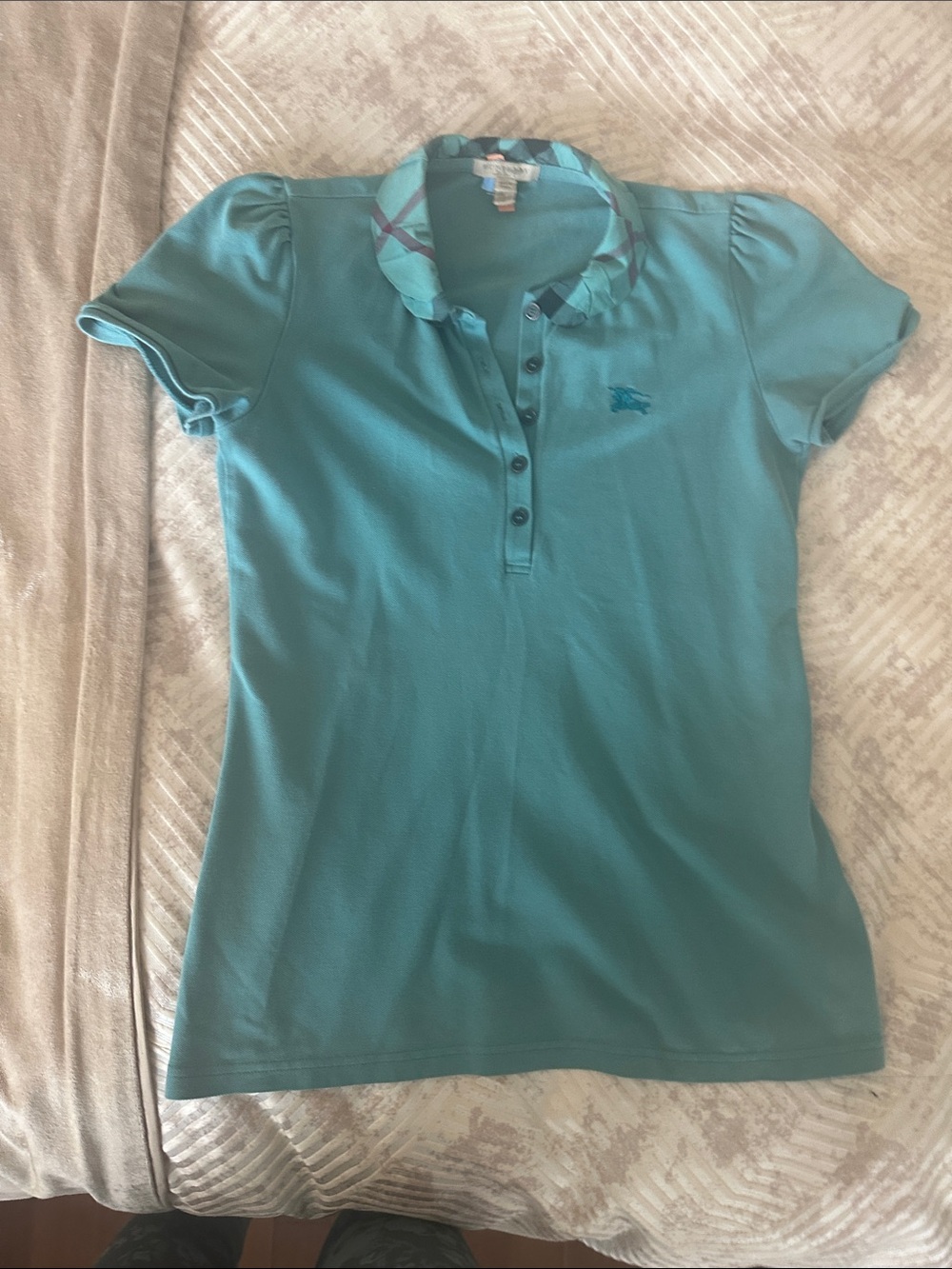 Burberry Teal Short-Sleeve Polo with Plaid Trim